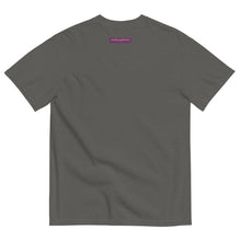 Load image into Gallery viewer, Gray t-shirt with a small purple Flowin Positivity logo on the back against a white background
