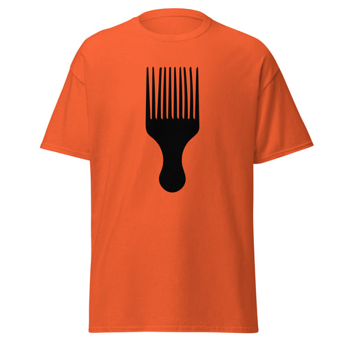 JUMBO Afro Pick - Unisex Classic  T-shirt, black afro pick design on orange t-shirt.