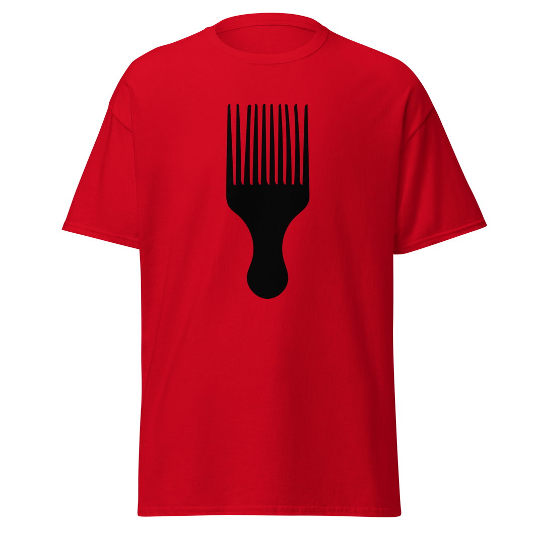Red t-shirt with a black afro pick graphic on a white background