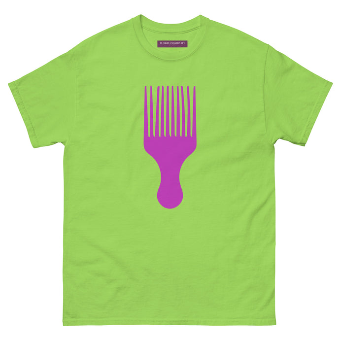 Lime green t-shirt with a vivid pink afro pick design on a white background