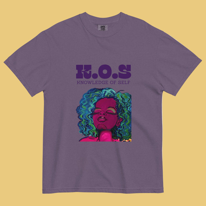 K.O.S. Knowledge of Self t-shirt by ClarkieShop — minimalist black empowerment design for conscious thinkers and creators. Black t-shirt with a colorful graphic of a woman's face and 'K.O.S. Knowledge of Self' text.
