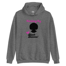 Load image into Gallery viewer, Minding My Black Bizness Hoodie by ClarkieShop — modern typography design symbolizing focus, confidence, and independence. Gray hoodie with a black silhouette and text design
