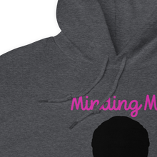 Load image into Gallery viewer, Minding My Black Bizness Hoodie by ClarkieShop — modern typography design symbolizing focus, confidence, and independence. Gray hoodie with a black silhouette and text design. Gray hoodie with pink text  extreme close up-details
