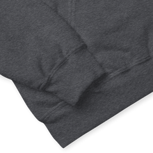 Load image into Gallery viewer, Minding My Black Bizness Hoodie by ClarkieShop — modern typography design symbolizing focus, confidence, and independence. Gray hoodie with a black silhouette and text design. Dark gray fabric details.
