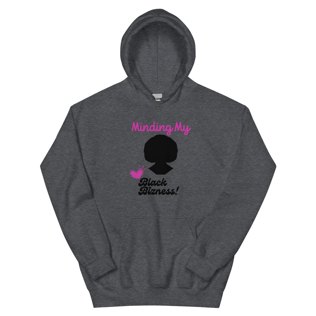 Minding My Black Bizness Hoodie by ClarkieShop — modern typography design symbolizing focus, confidence, and independence. Gray hoodie with a black silhouette and text design