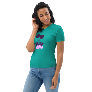 Woman wearing a teal t-shirt with 'Puff Love' design on a white background