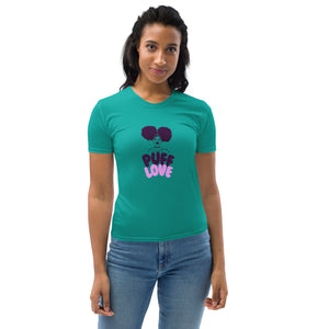 Woman wearing a teal t-shirt with 'Puff Love' design on a white background