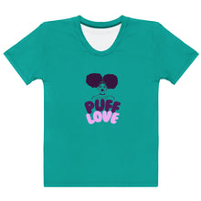 Load image into Gallery viewer, Teal t-shirt with &#39;Puff Love&#39; graphic design on a white background
