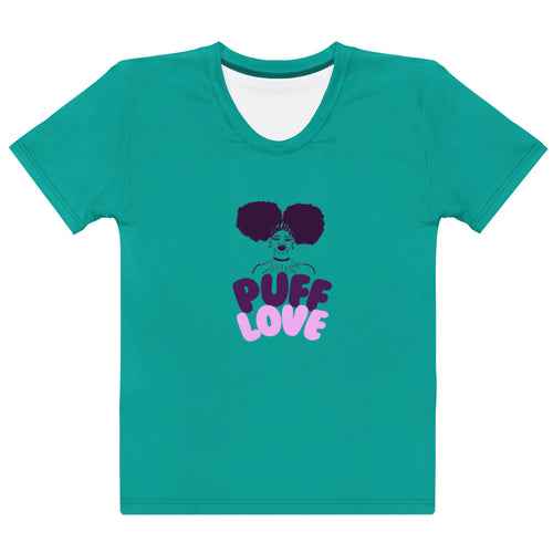 Teal t-shirt with 'Puff Love' graphic design on a white background