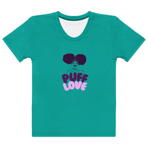 Teal t-shirt with 'Puff Love' graphic design on a white background