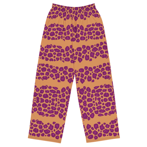 Pink leopard print pattern on caramel pants, no background