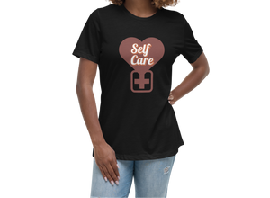 Woman wearing a black t-shirt with 'Self Care' design on a white background