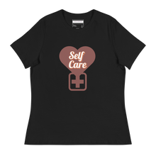 Load image into Gallery viewer, Black t-shirt with a heart-shaped &#39;Self Care&#39; design on a white background

