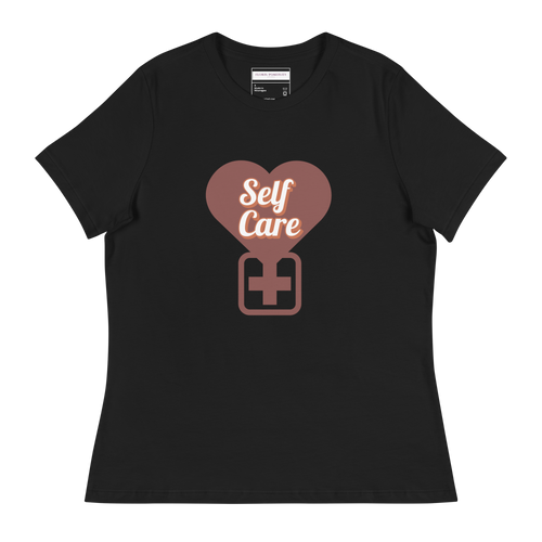Black t-shirt with a heart-shaped 'Self Care' design on a white background