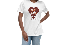 Load image into Gallery viewer, Woman wearing a white t-shirt with a &#39;Self Care&#39; graphic design on a white background
