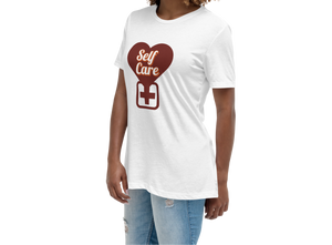 Woman wearing a white t-shirt with a red heart and text design on a white background