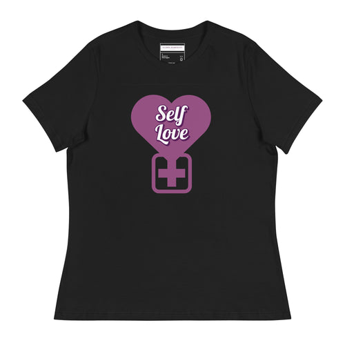Black t-shirt with a pink heart and 'Self Love' text on a white background