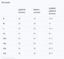 Load image into Gallery viewer, Size guide chart for clothing with measurements in inches
