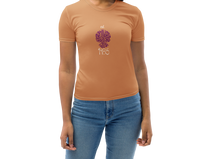 Load image into Gallery viewer, Woman wearing a caramel t-shirt with a purple graphic design on a white background
