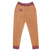 Load image into Gallery viewer, Caramel color pants with purple leopard print patterned waistband and cuffs on a white background
