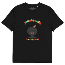 Load image into Gallery viewer, Black t-shirt with 'Juneteenth freedom day' graphic design on a white background
