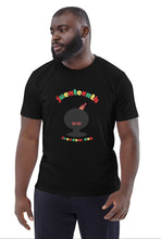 Load image into Gallery viewer, Man wearing a black t-shirt with Afro design with Juneteenth text on a white background

