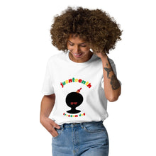 Load image into Gallery viewer, woman wearing a white t-shirt with Afro design and colorful Juneteenth text and blue jeans on a white background
